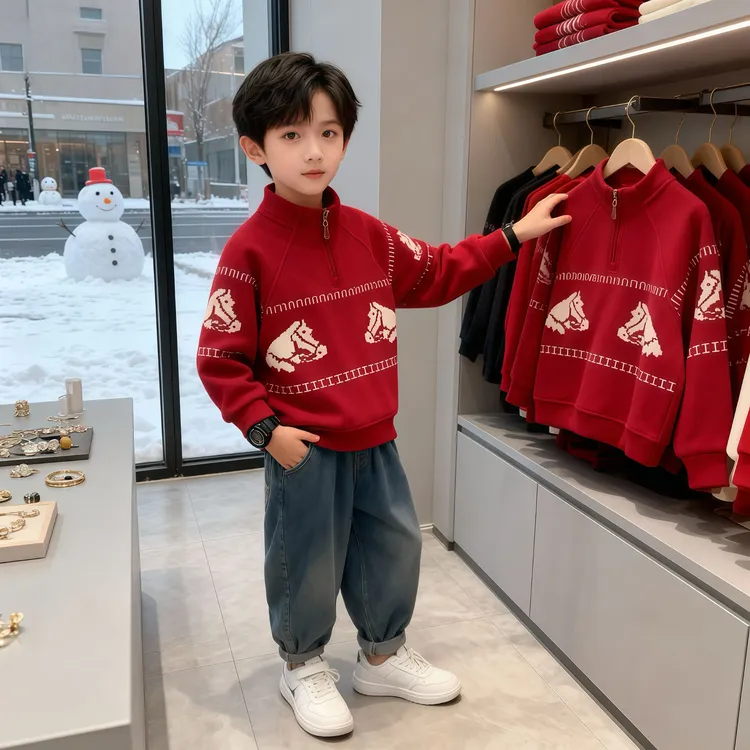 儿童生肖拜年服冬季新款男童加绒半拉链卫衣中大童潮酷上衣5208