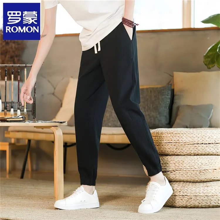 Romon/罗蒙美式休闲抽绳长裤男士夏季薄款潮流小众简约百搭休闲裤