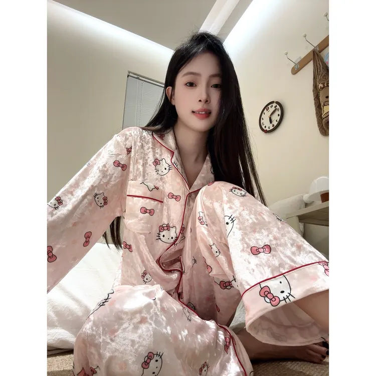甜美卡通kitty印花睡衣女春秋季2025新款大码开衫长裤家居服套装