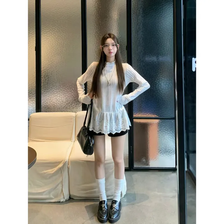 Y5369 Y3616【芭蕾少女】秋冬蕾丝加绒长袖设计常规小众时尚上衣