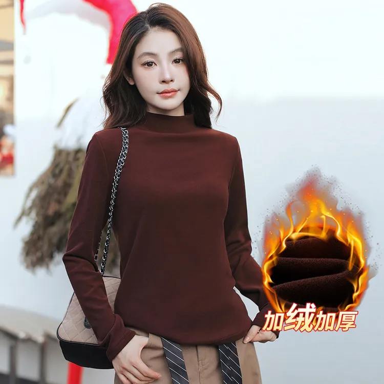慕丝暖绒冬季百搭打底衫女自发热加绒加厚半高领秋冬内搭高弹上衣