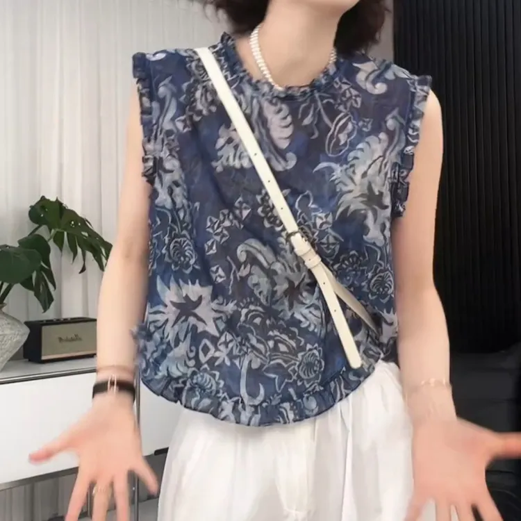 2025夏新款圆领木耳边拼接坎肩无袖背心花色衬衫上衣LK2504137