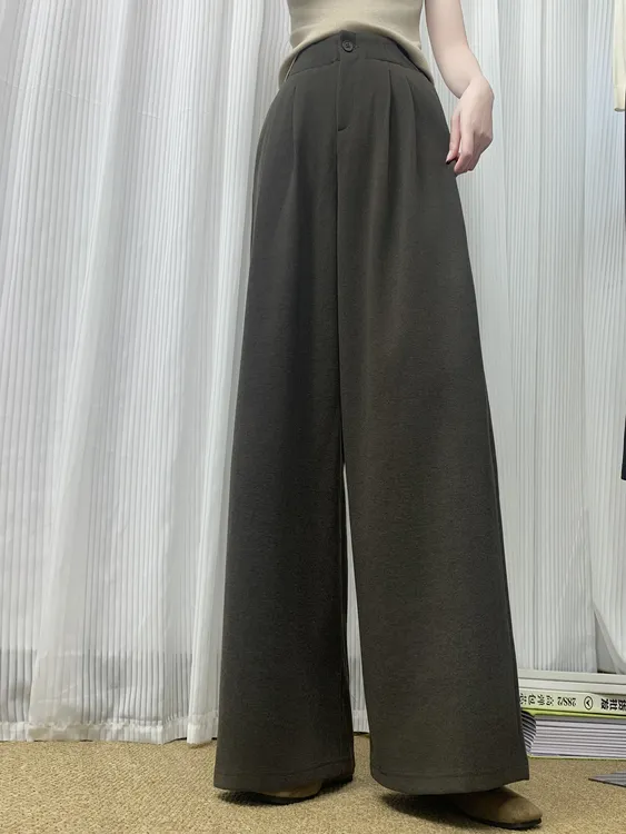 WYXIXING新款厚款松紧腰常规款高腰磨毛休闲毛呢裤阔腿裤直筒裤女