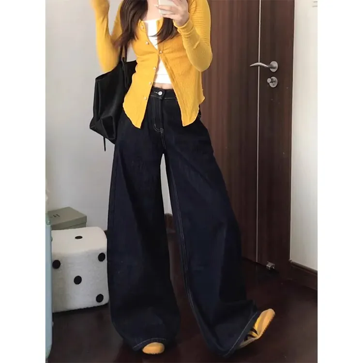 美式复古大裤脚牛仔裤女夏季新款高腰宽松阔腿显瘦直筒拖地长裤子