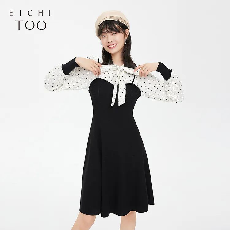 A爱居兔女装中长裙系带撞色假两件针织连衣裙EQLSJ3M002A