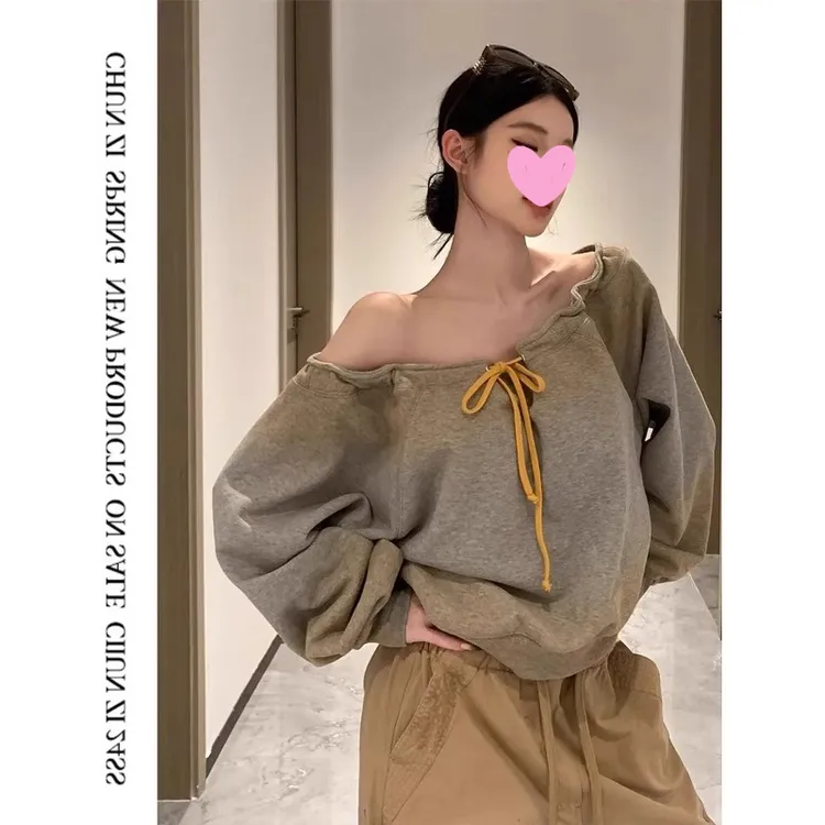美式复古破坏喷色抽绳慵懒宽松漏肩斜肩一字肩卫衣长袖休闲上衣女