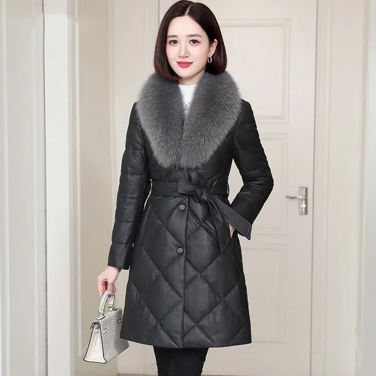 海宁皮衣2025冬款皮衣加厚棉服女中长款宽松大毛领PU皮加绒外套