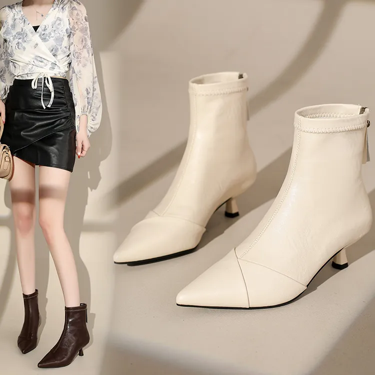 细跟跟鞋法式黑色高跟短靴子尖头百搭裸靴冬季时尚501-2