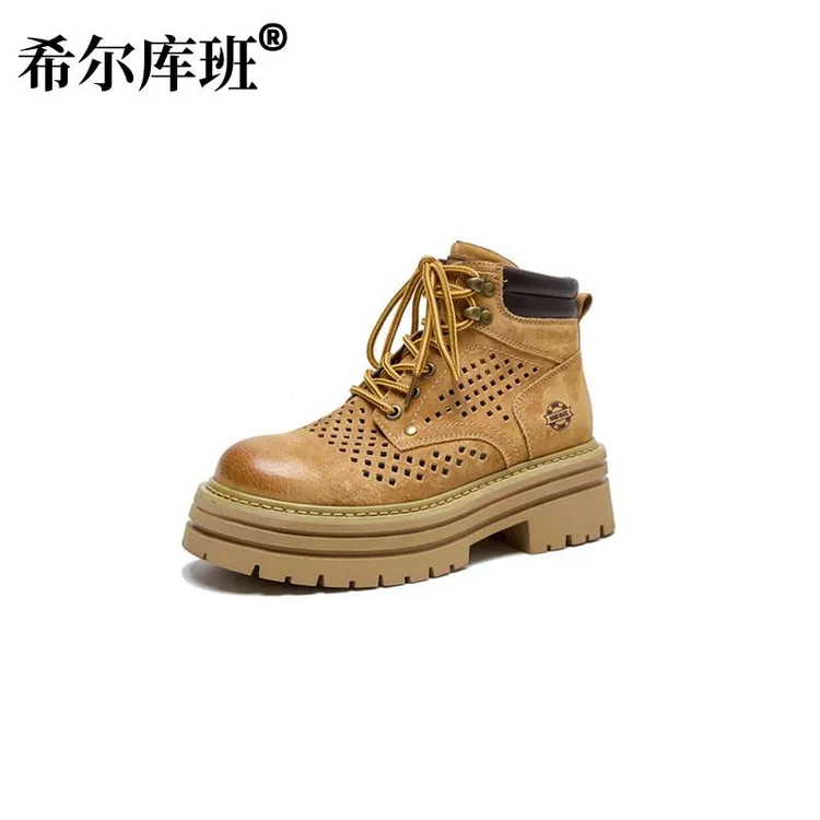 户外镂空马丁靴女2025春夏新款爆款透气内增高粉色小个子厚底短靴