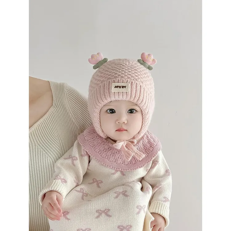 韩版女婴儿帽子秋冬季保暖加厚针织护耳帽女宝宝小月龄防风毛线帽