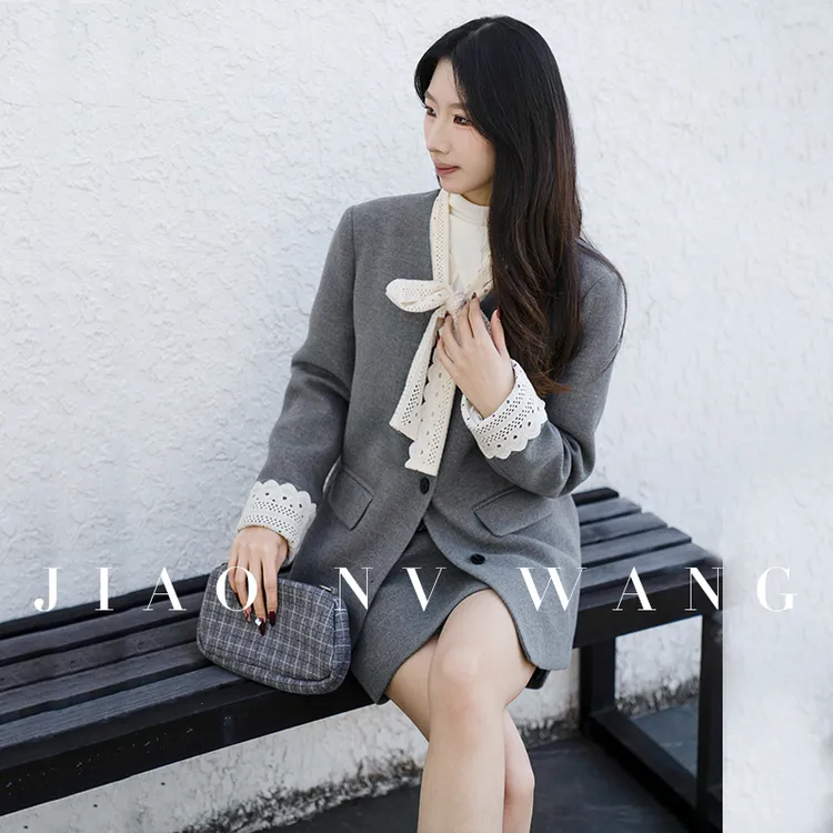 【娇女王原创】毛呢小香风套装蕾丝领结轻熟风宽松显瘦名媛外套半裙