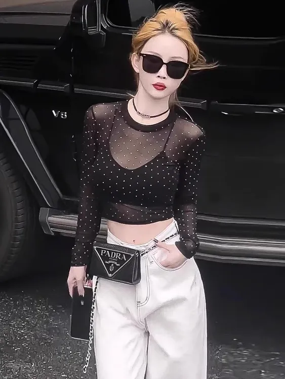 黑色波点烫钻高级感重工网纱上衣夏千禧年甜酷女孩百搭T恤防晒衫