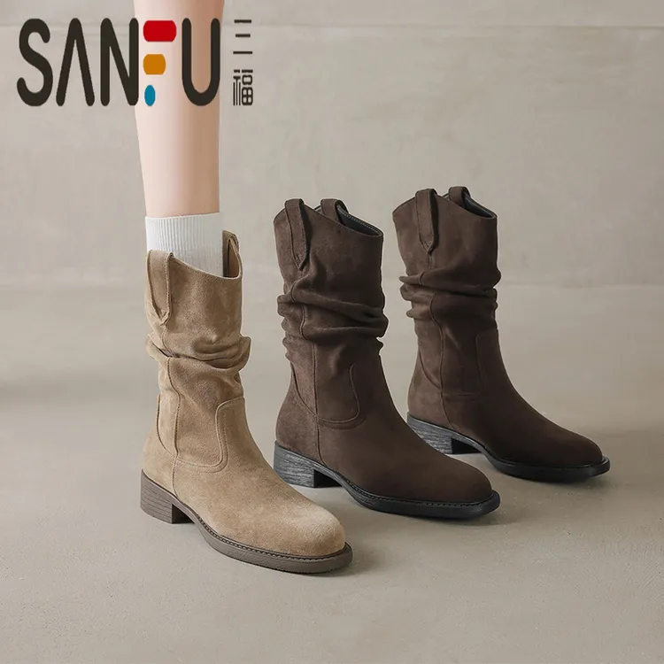 三福骑士靴堆堆靴子女2025新款美拉德西部牛仔短靴中筒马丁靴春秋