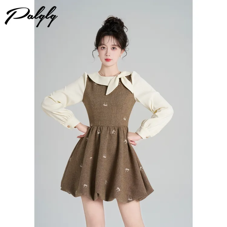 Palglg法式假两件咖色花苞冬高级感气质收腰拼接a字裙54PDA44781