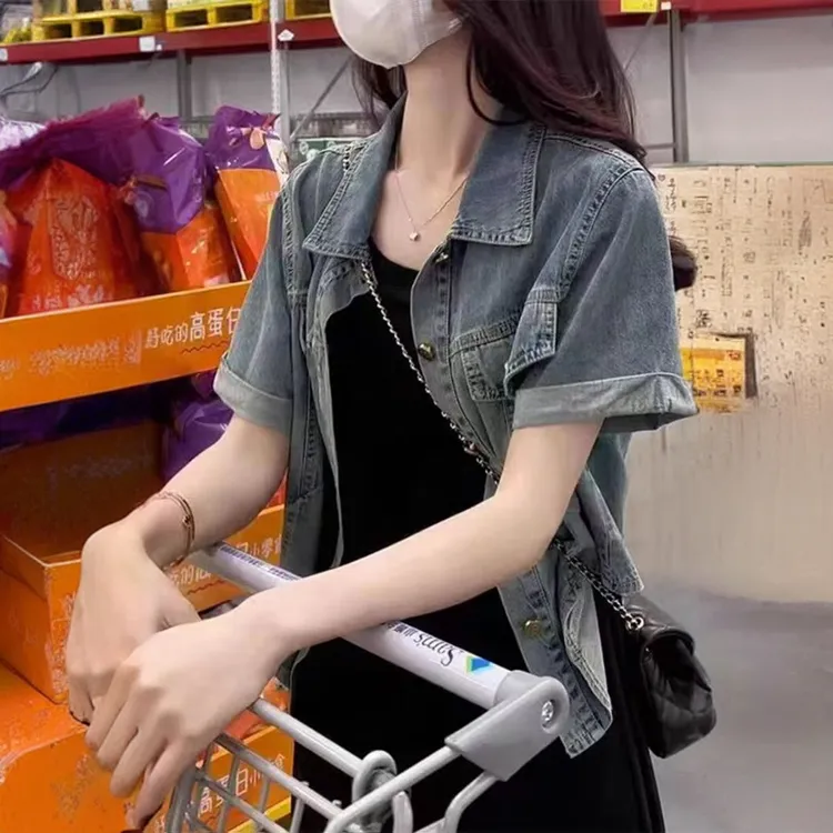 短款牛仔外套设计感小众女薄款复古小个子百搭POLO短袖上衣