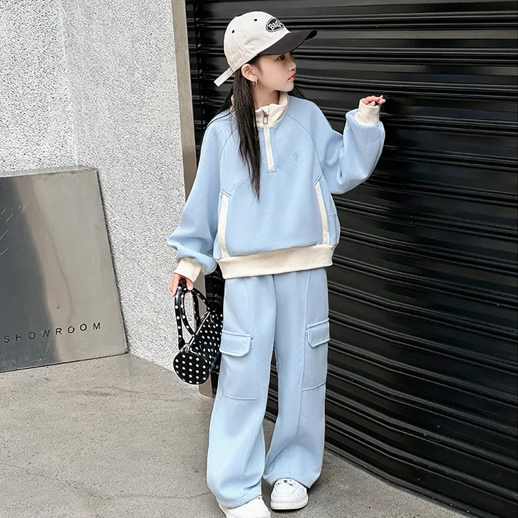 女童春秋卫衣套装童装新款中大童洋气工装裤卫衣两件套拼色女孩潮