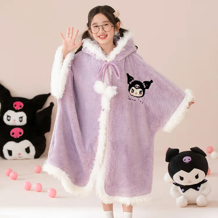 女童珊瑚绒睡衣秋冬季加厚款初中学生少女儿童法兰绒斗篷披肩睡袍