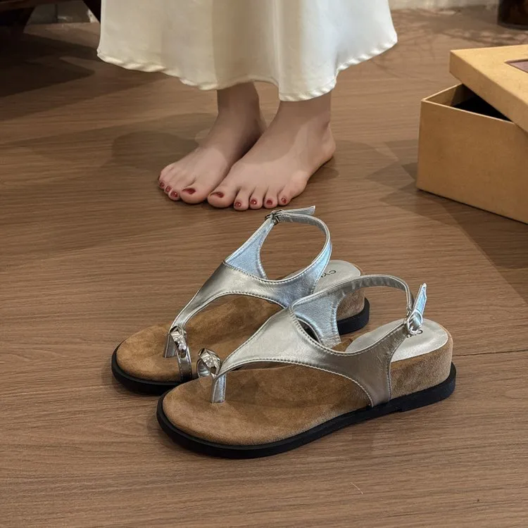 法式小众设计感气质厚底凉鞋女2025夏季新款坡跟金属扣套趾罗马鞋