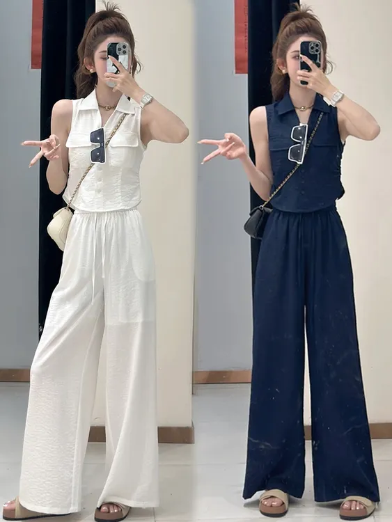 时尚套装女2025夏季新款时髦洋气短款无袖上衣高腰阔腿裤两件套潮