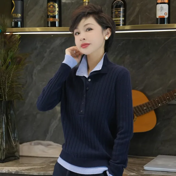 名港-【100纯羊毛】撞色简约立领百搭长袖针织衫 MG3233