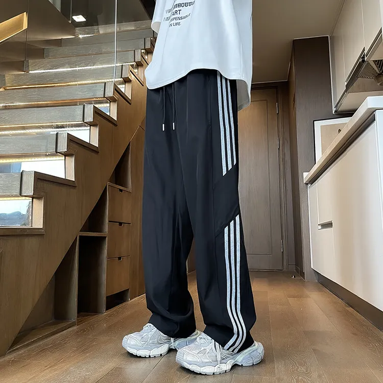 美式复古条纹冰丝休闲裤男2025夏季薄款透气速干凉感潮牌直筒裤子