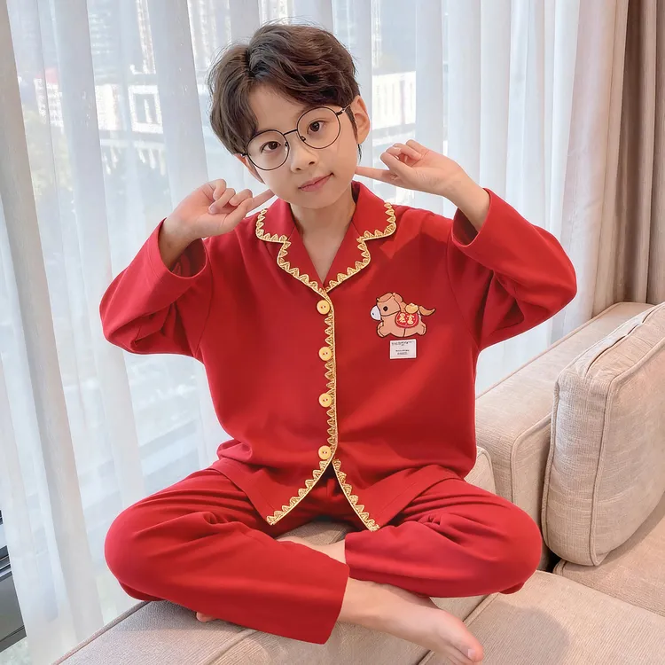 马年本命红色男童睡衣春秋季儿童纯棉薄款男孩长袖男生宝宝家居服