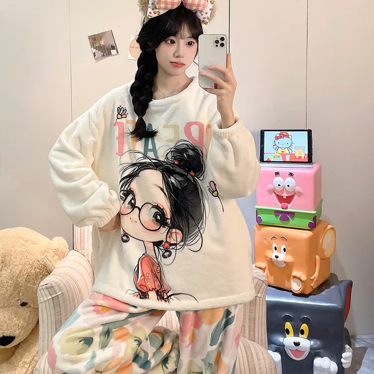 加绒加厚大码珊瑚绒睡衣女秋冬季卡通法兰绒冬天家居服套装可外穿
