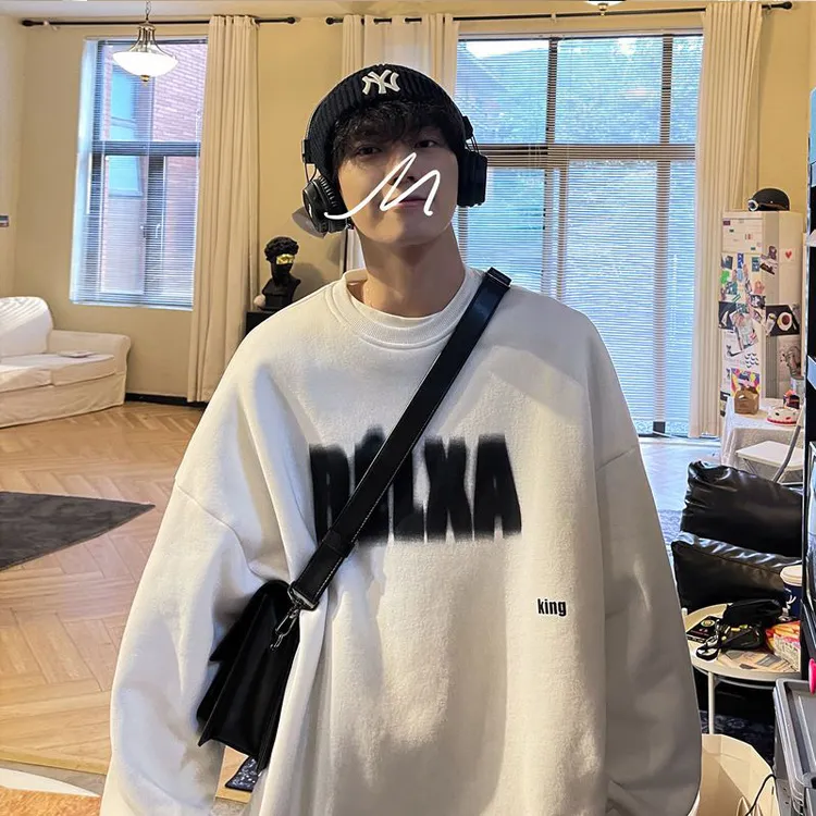 纯棉圆领卫衣男款春秋款潮oversize宽松百搭长袖印花秋冬加绒加厚