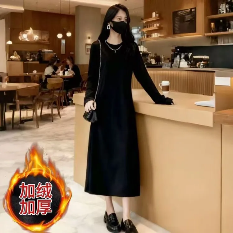 (现货+运费险)秋冬长袖圆领黑色连衣裙A字长裙显瘦宽松打底裙5940