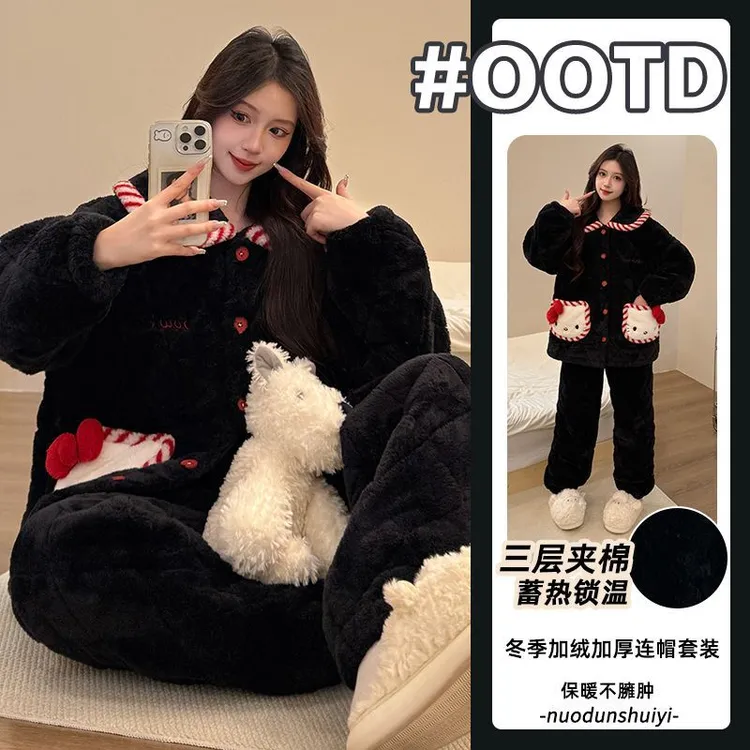 三层夹棉2025冬季长毛绒睡衣女款时尚珊瑚绒加绒加厚家居服套装女
