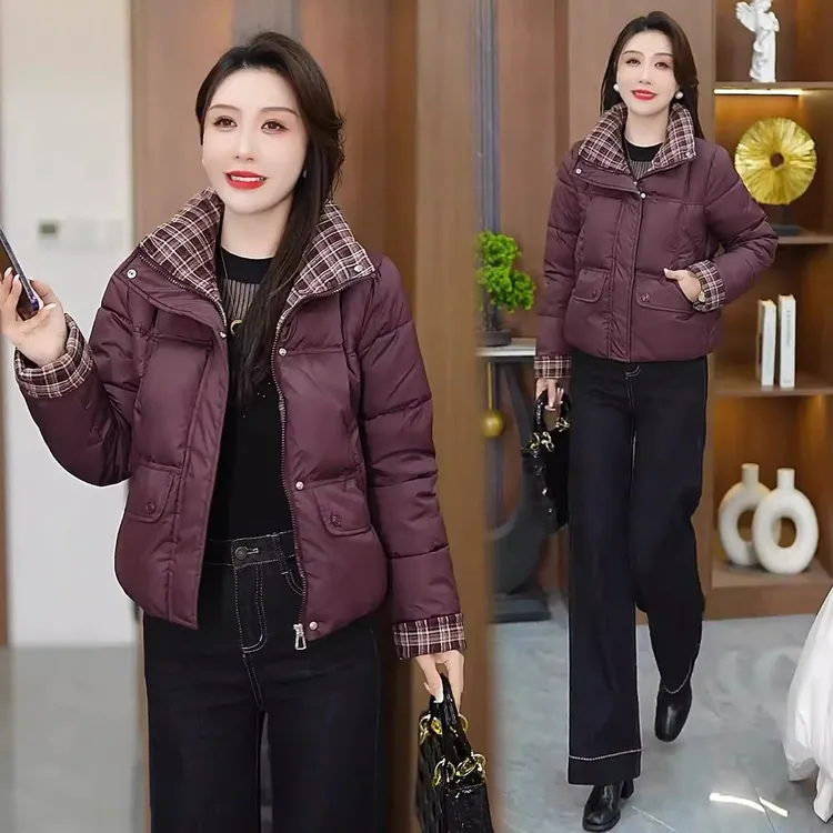 时尚短款羽绒棉服女2025冬季新款洋气格子拼接加厚保暖百搭棉袄潮