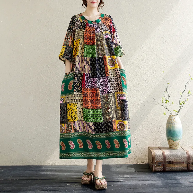 胖mm撞色拼接复古棉麻大码连衣裙女装夏季减龄休闲显瘦七分袖长裙