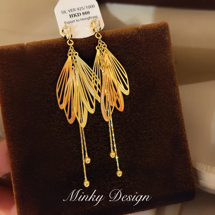 铜合金耳饰 「风拂垂丝」长款镂空翅膀流苏耳饰蚊香盘耳夹耳钉耳环
