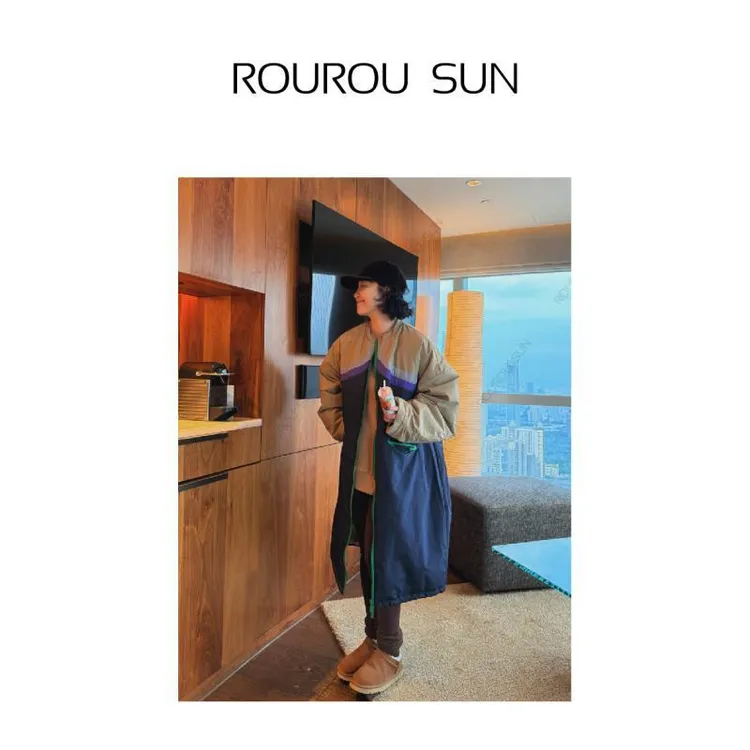 29103冬款女装新款韩版撞色拼接拉链百搭休闲宽松棉衣长款外套