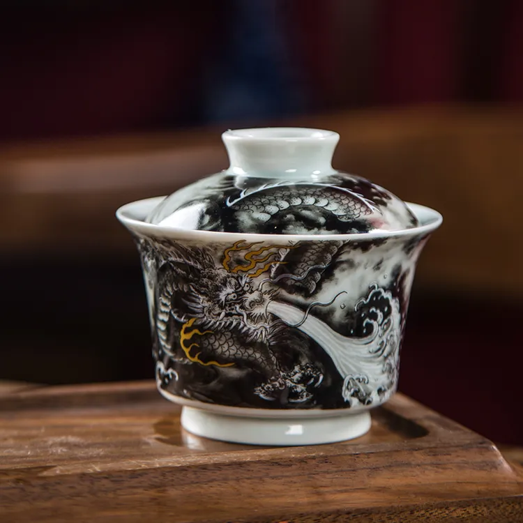景德镇墨龙吸水盖碗 二才 描金 悬停 摆件 景德镇陶瓷