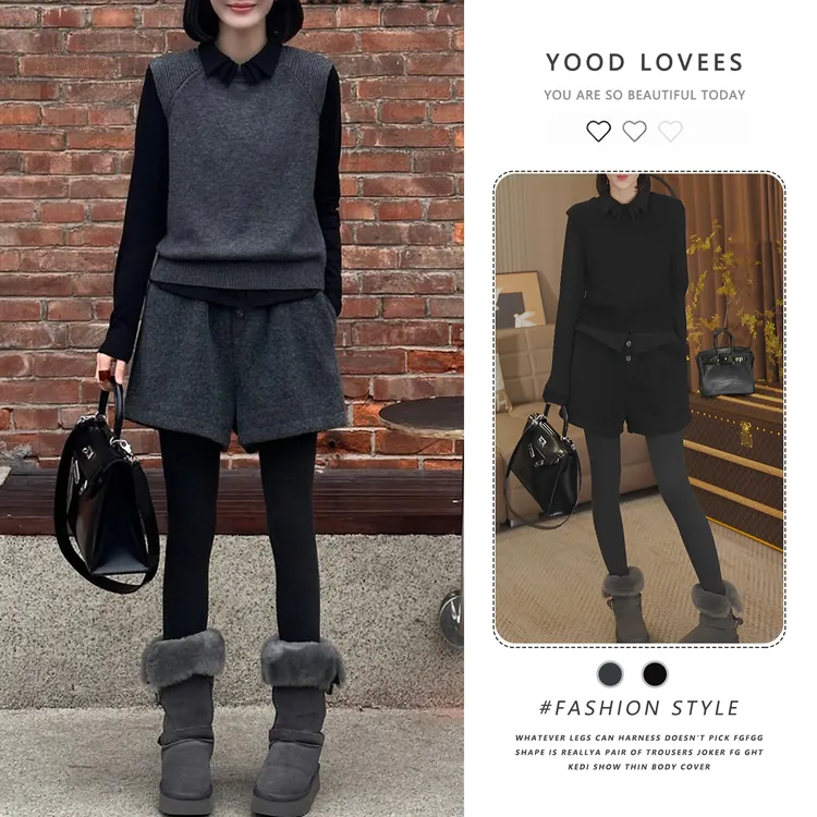 2025冬季新款韩版时尚百搭显瘦针织女休闲T恤加厚短裤三件套装