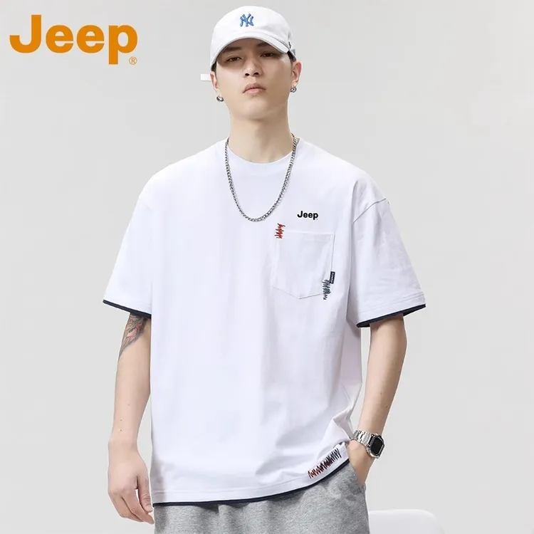 JEEP吉普重磅纯棉短T恤男款夏季2025新款宽松圆领半袖男士上衣服