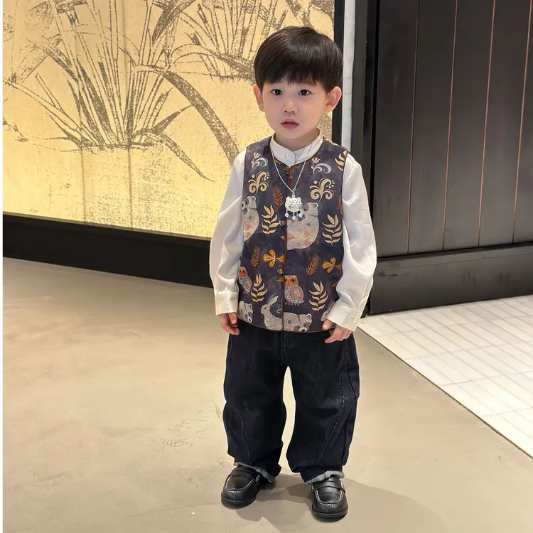 壹妈童装男童国风套装秋季新款儿童新中式汉服马甲衬衫上衣牛仔裤