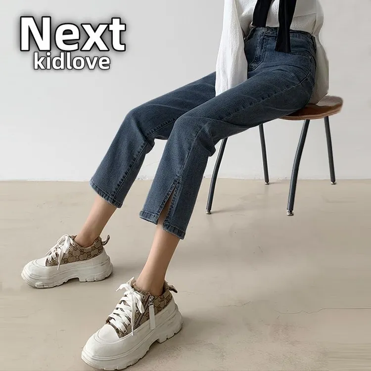 NEXT蓝灰色直筒牛仔裤女夏小个子胖mm开叉九分裤梨形身材胖mm显瘦