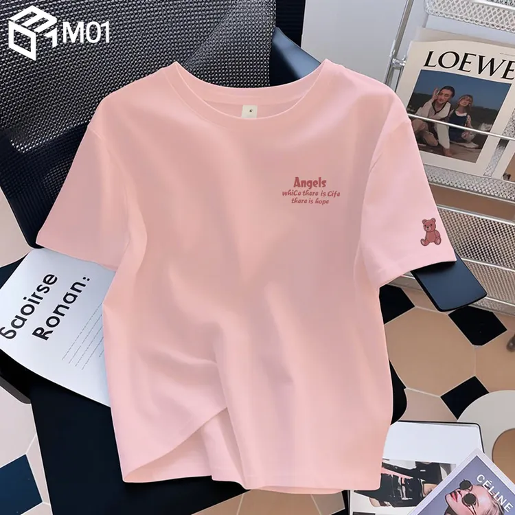 M01粉色多巴胺纯棉短袖T恤女2025夏新款白色宽松洋气设计感上衣