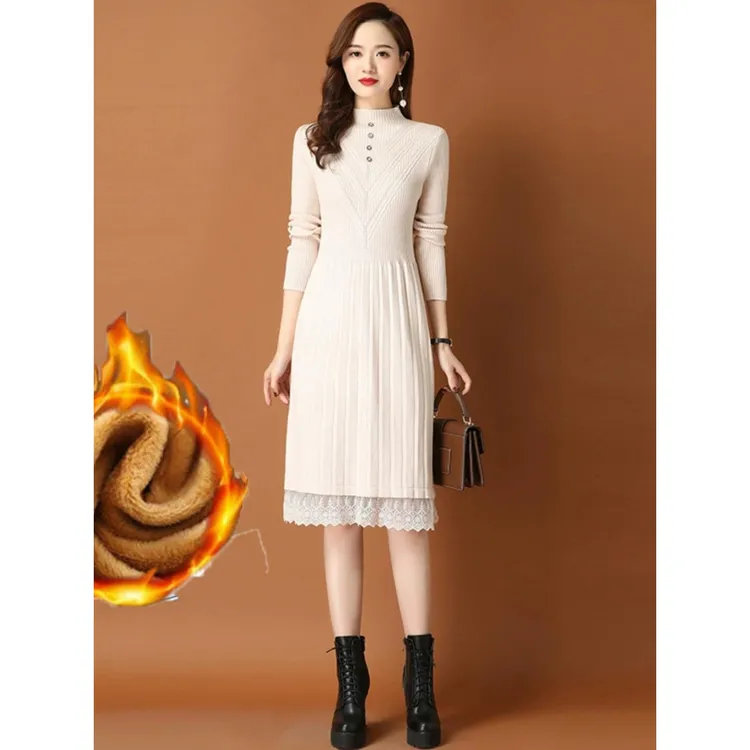 冬季加厚内搭配大衣的针织连衣裙女2025新款中长款过膝打底毛衣裙
