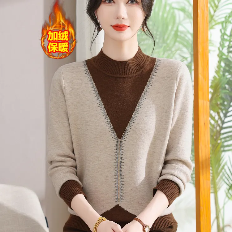 妈妈装新款一体绒针织上衣加绒保暖毛衣时尚中老年女秋冬季打底衫