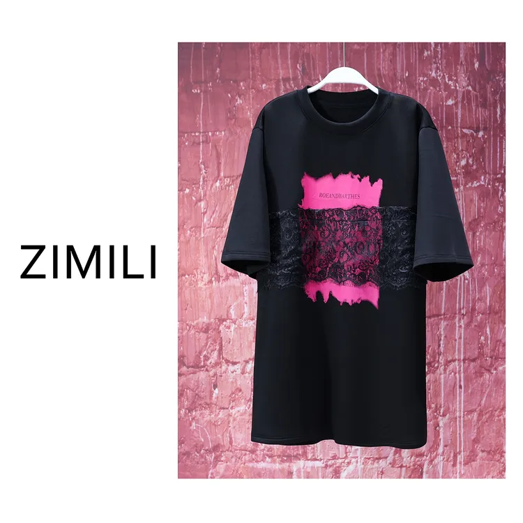 【亮哥女装】2025夏《如晦》莱赛尔轻薄黑色印花蕾丝大版T恤6925