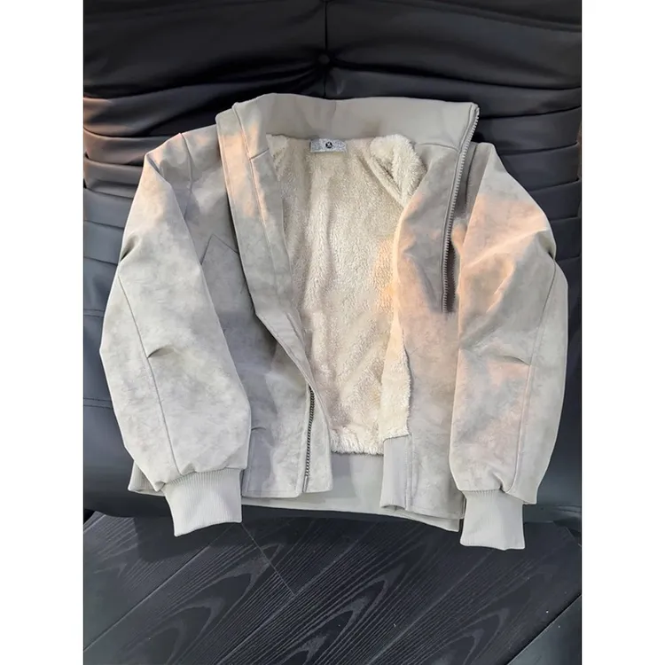 美式浅灰色扎染皮衣夹克棉服男冬季加绒保暖棉衣bomber廓形厚外套