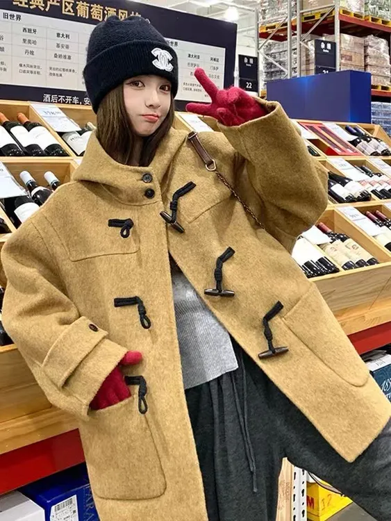 2025新款双面羊绒大衣女牛角扣秋冬韩版宽松学院高级感羊毛呢外套