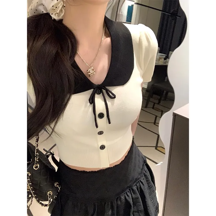 茶系娃娃领泡泡短袖t恤女2025新款夏装短款别致绝美小上衣针织衫