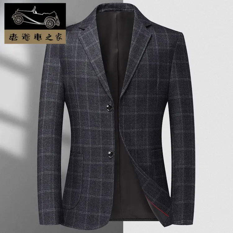 老爷车之家春秋季经典西服外套中年商务休闲格子修身高档修身男士