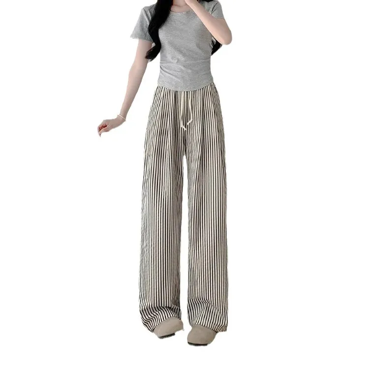 低腰150遛弯直筒阔腿裤黑白条纹阔腿裤女夏高腰休闲小个子145宽松