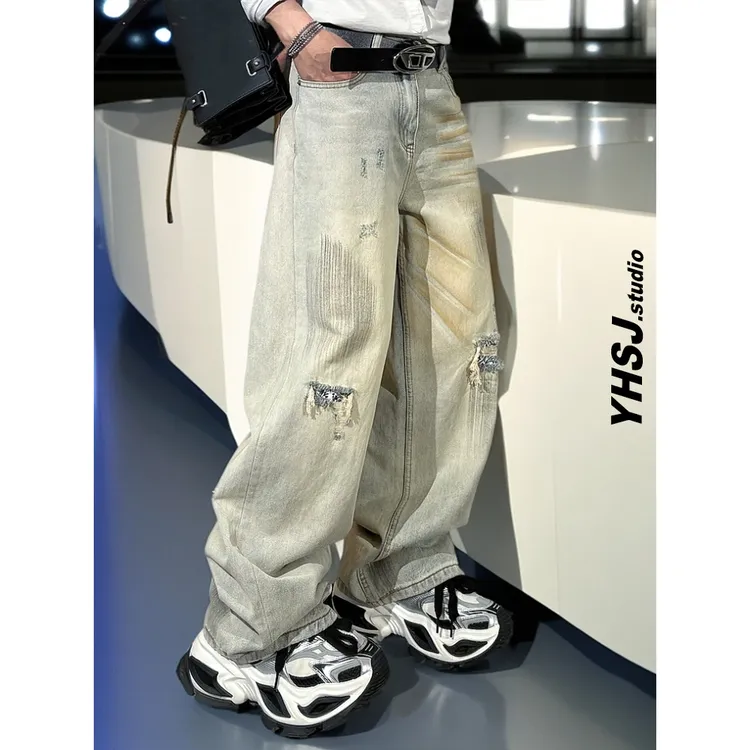 YHSJ巴黎潮牌浅色系宽松大直筒牛仔裤男高级垂感阔腿破洞补丁复古