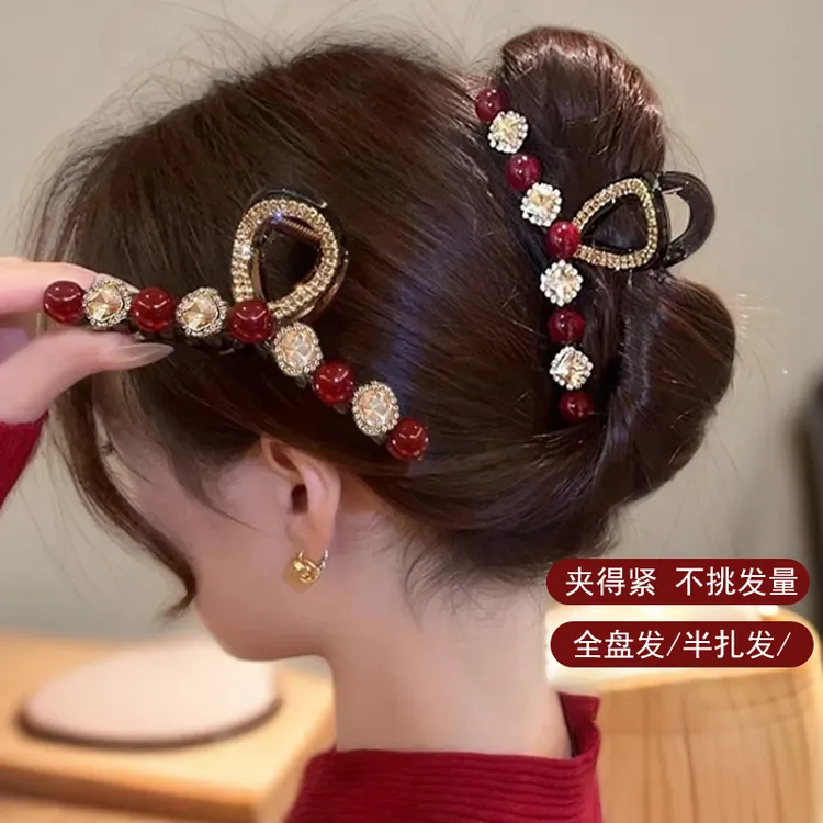 精致新款水钻珍珠发量多头饰发夹红色石榴珠抓夹大号时尚鲨鱼夹子